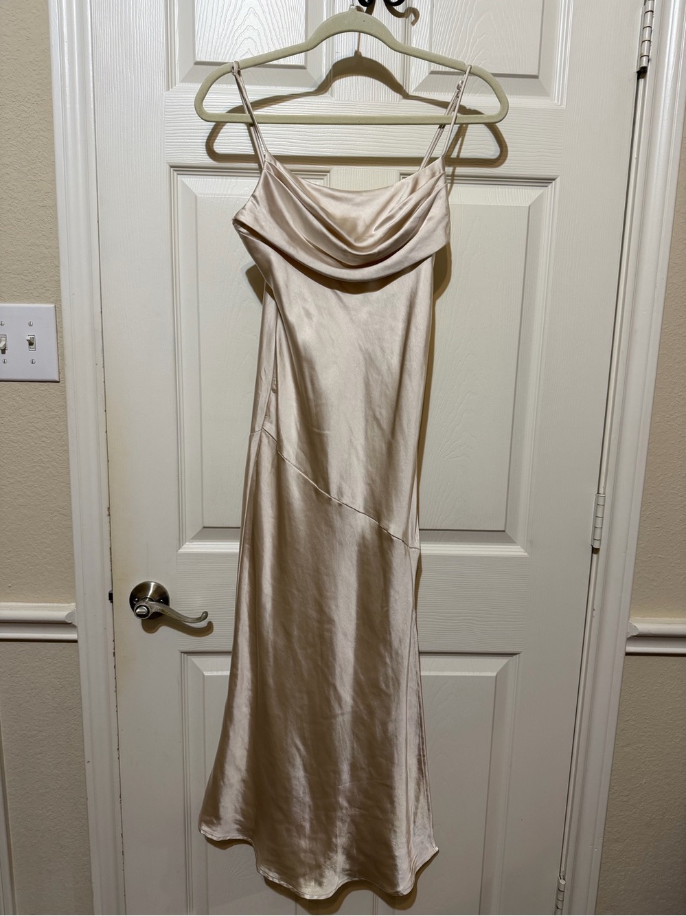 Brand New Selfie Leslie Champagne Satin Cowl Midi Slip Dress
